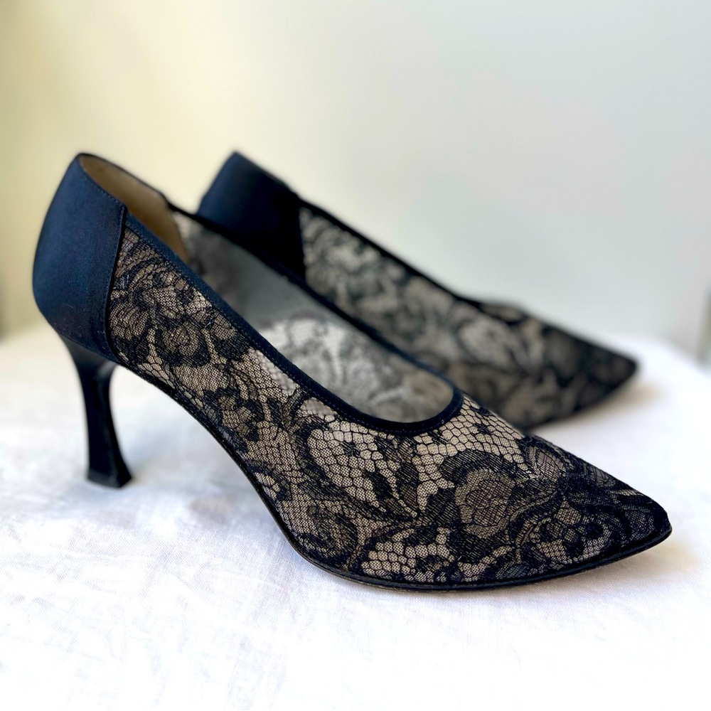 Yves Saint Laurent Satin and Sheer Lace Heels, black, size 8